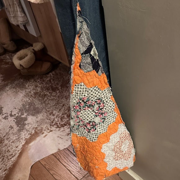 Upcycle vintage quilt .. Denim Overalls with Colorful Crochet Patches - Picture 2 of 7